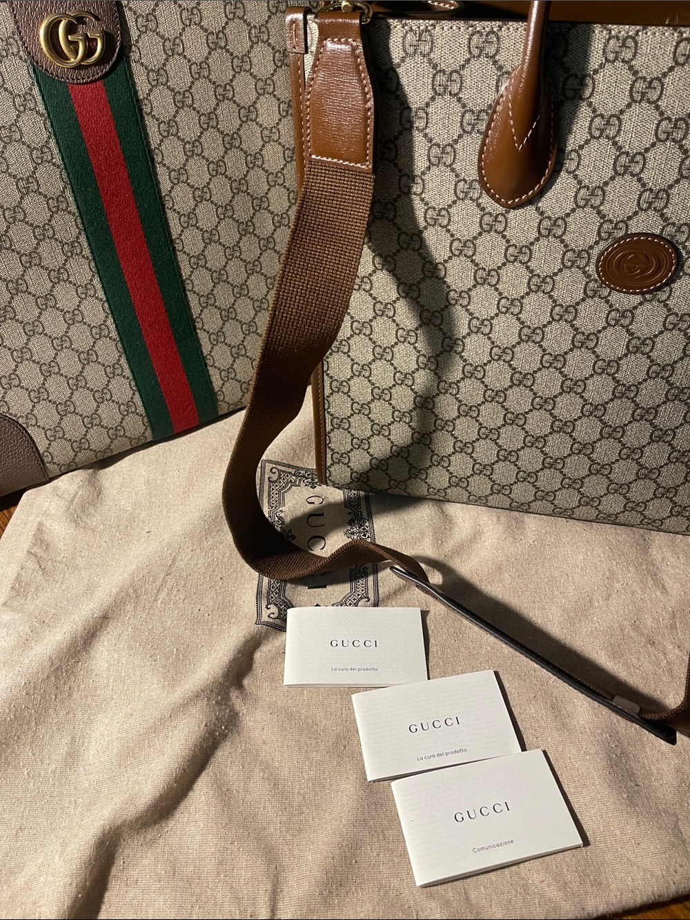 Gucci Beige/Brown GG Supreme Bag with Green-Red Web Stripe & Tote Bag (ITALY) - Picture 7 of 7